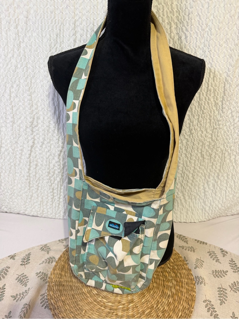 Kavu Teal, Cream, and Khaki Patterned Canvas Crossbody